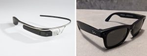 A side-by-side comparison of Google Glass on the left and Ray-Ban Meta smart glasses on the right.